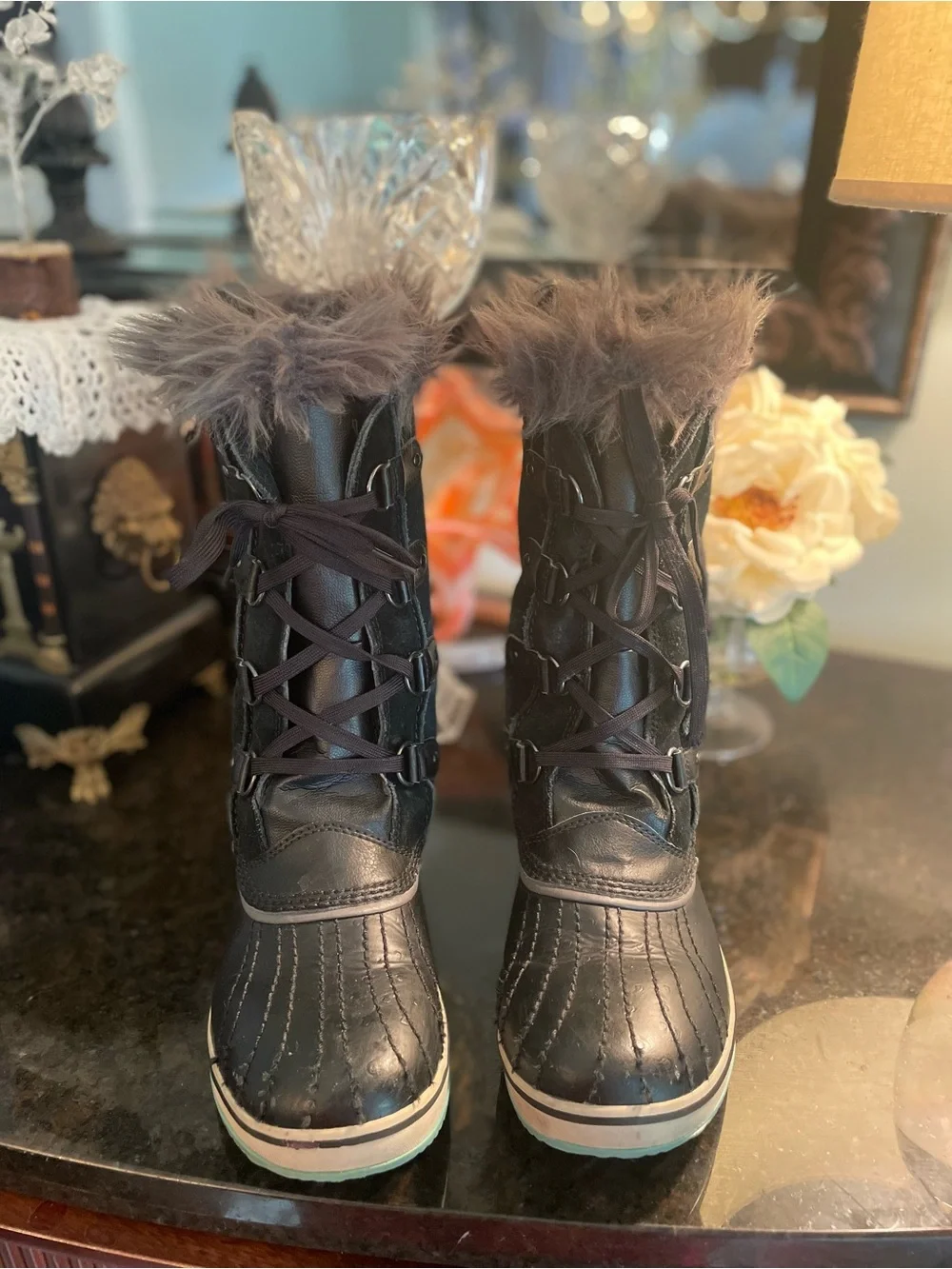 SOREL Joan of Arctic Waterproof Winter Boots Faux Fur Black Lace Up Size 7
